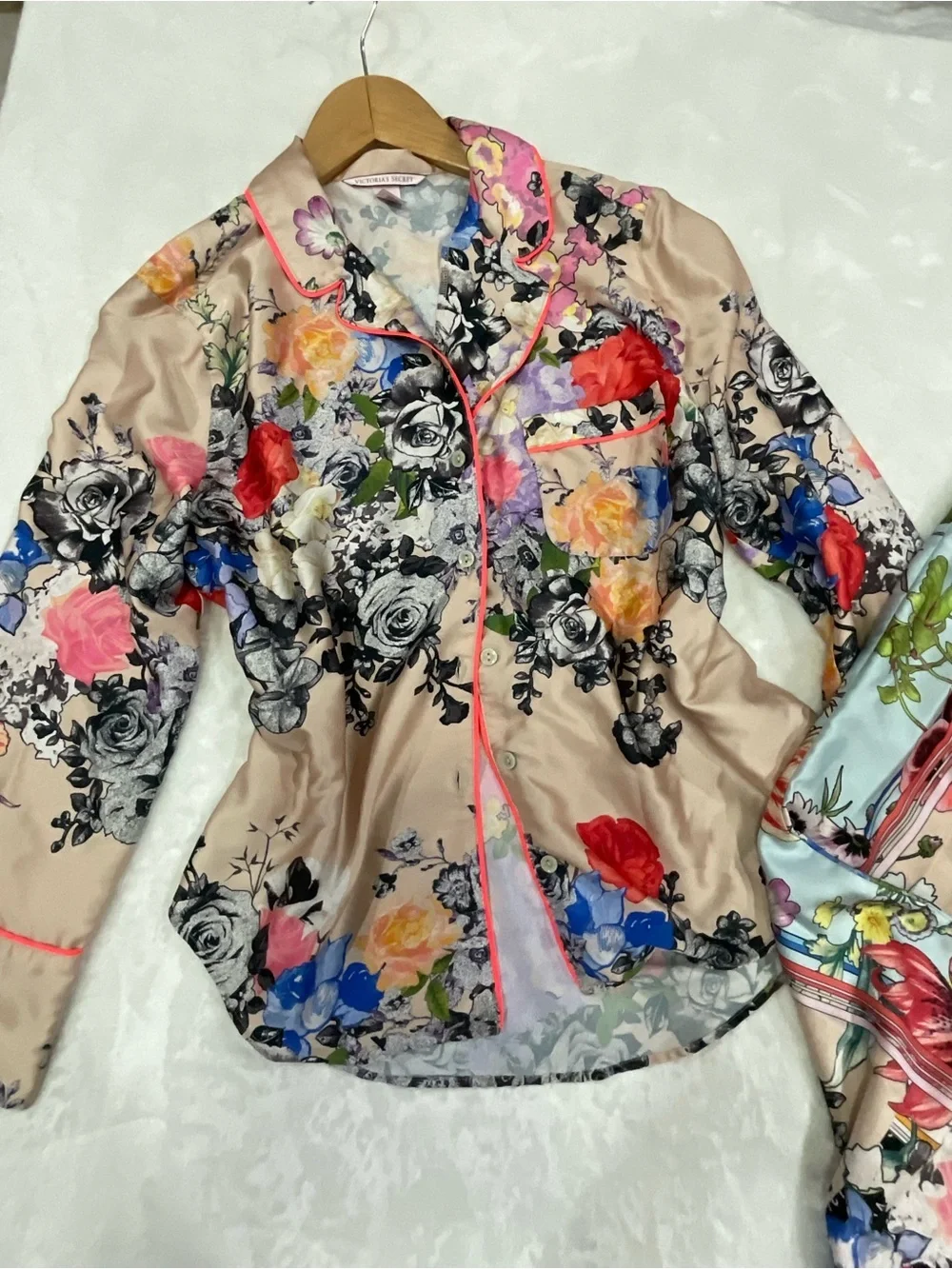 Rare Victoria's Secret Beige Floral Satin Top with Pink and Yellow Accents